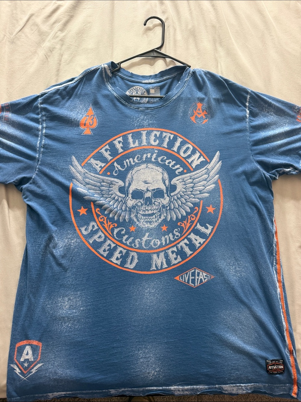 Affliction Blue & Orange Winged Skull Graphic Tee